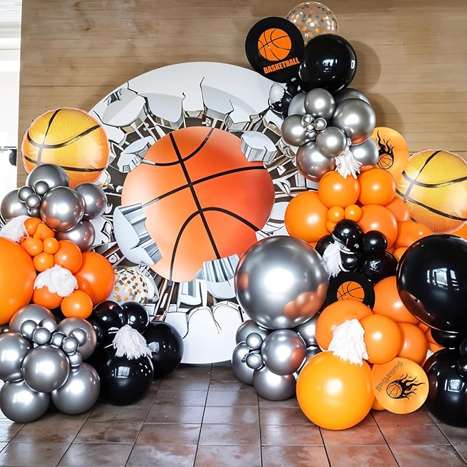 Basketball Balloons, Orange Black Metallic Silver Confetti Balloons with Basketball Foil Balloon for Boy Birthday Sport Party Graduation Baby Shower Backdrop