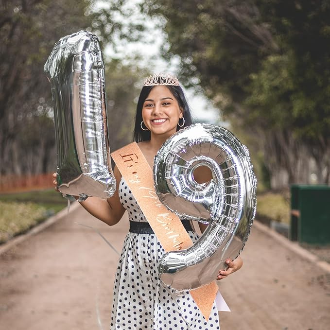 CIEHER 19th Birthday Crown and Sash for Girls, It's My 19 Bday Sash, 19th Birthday Decorations Rose Gold