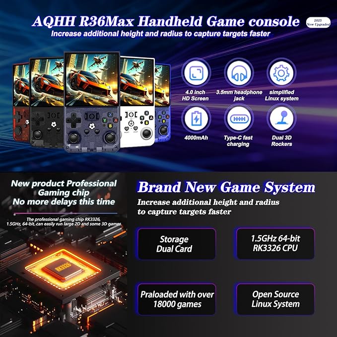 R36MAX 4000mAh Portable Rechargeable Handheld Retro Game Console,Comfort Non-Slip Handheld Standing Retro Game Console with 64G TF Car,4.0-inch Screen,for Office,Purple Gray