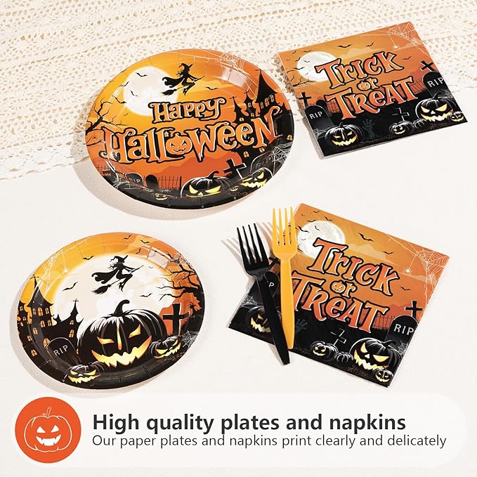 200PCS Halloween Party Supplies Set with Trick Treat Witch and Pumpkin Design Includes Disposable Halloween Plates Napkins and Forks for Spooky Party Decorations