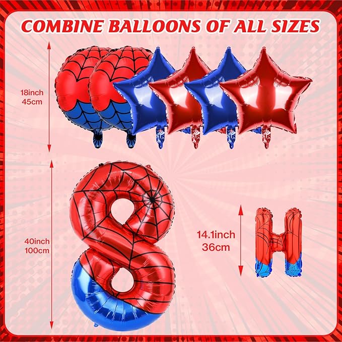 Spider Themed Happy Birthday Banner Party Decorations Set Including 40 Inch Number 8 Foil Balloons, Themed Party Essentials, Colorful Superhero Backdrop Supplies for Boys Indoor Outdoor Celebration