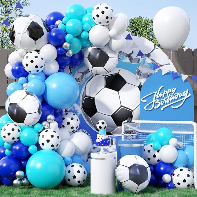 Soccer Balloon Arch Kit with 4D Football Foil Balloons, Royal Blue, White, Metallic Silver Latex Balloons for Baby Shower, Birthday, Soccer, Football Party Decorations