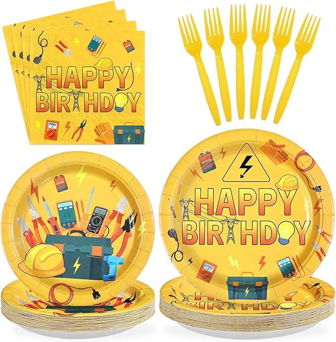96Pcs Electrician Birthday Party Decorations Power Electrician Lineman Plates and Napkins Tableware Set Wire Gloves Bulb Switch Theme Decor for Boys Man Construction Birthday Party Supplies Serves 24