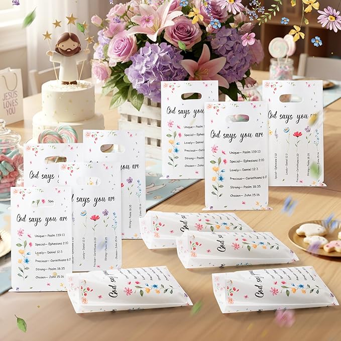 Christian Floral Party Favor Bag - 50Pcs Religious Inspirational Bible Verse Floral Goodie Treat Candy Plastic Gift Bags Christian Religious Faith Flower Party Decor for Baptism Church Spring Party