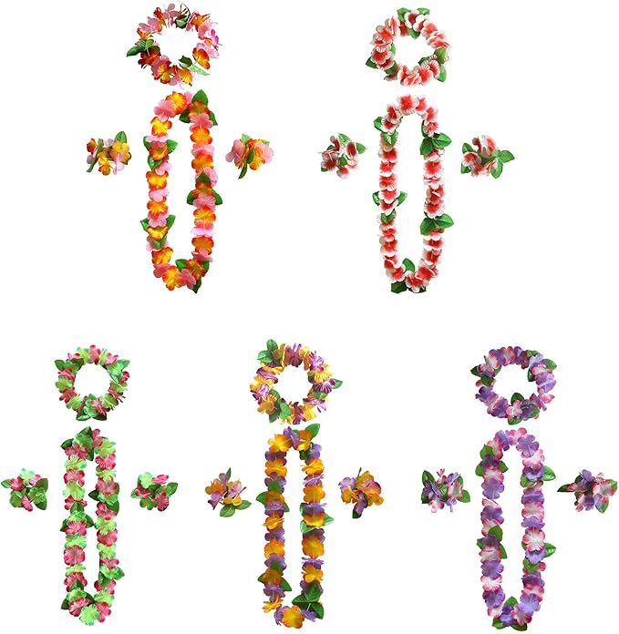 40 PCS Hawaiian Luau Leis,Tropical Luau Party Supplies of Hula Garland Necklaces Bracelets Headband Jumbo Simulated Silk Flowers for Hawaii Decorations, Beach Theme Party Decorations