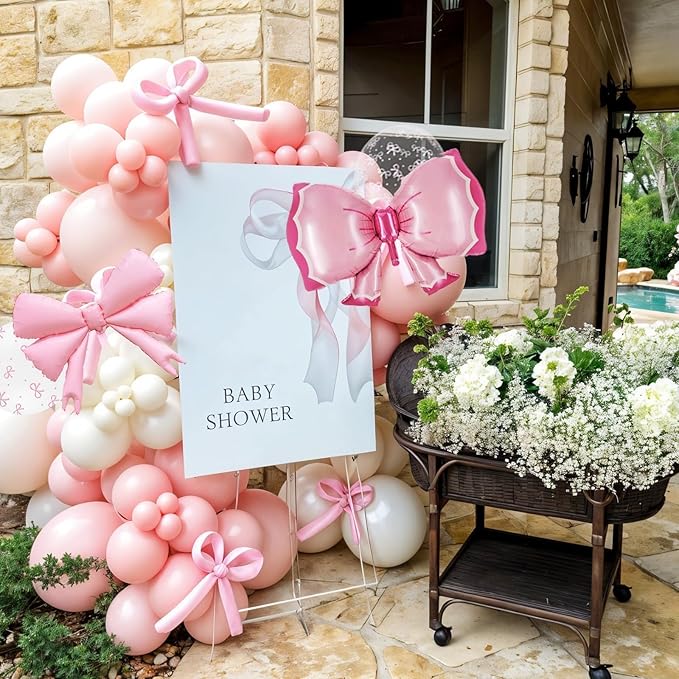 Bow Balloons, Light Baby Pink White Clear Pastel Balloons with Bow Foil Balloon for Girl Princess Women Birthday Party Bachelorette Bridal Engagement Bow Theme Wedding Anniversary Baby Shower Supplies