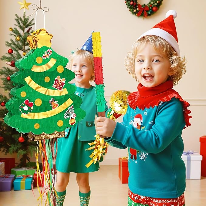 WERNNSAI Christmas Tree Piñata - Christmas Decorations XmasTree Party Game for Kids Festival Party Decor Supply Green Tree Design Merry Xmas Favor Pull String with Blindfold Bat 16.5” x 12.4”