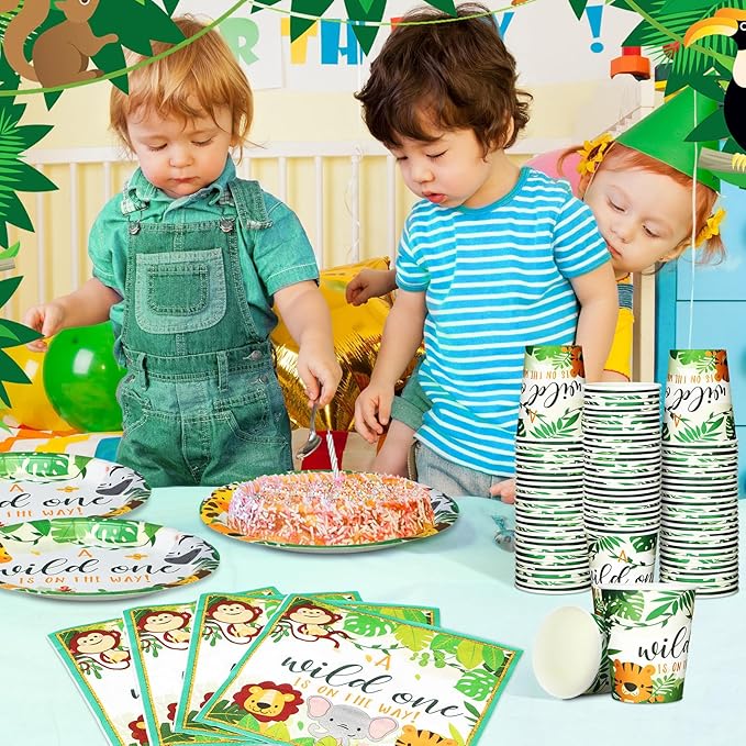 200 Pcs Jungle Safari Baby Shower Paper Plates Napkins Cups Baby Shower Party Supplies Tableware Set Jungle Animal Disposable Cup Napkin for 50 Guest Girls Spring Party Decoration