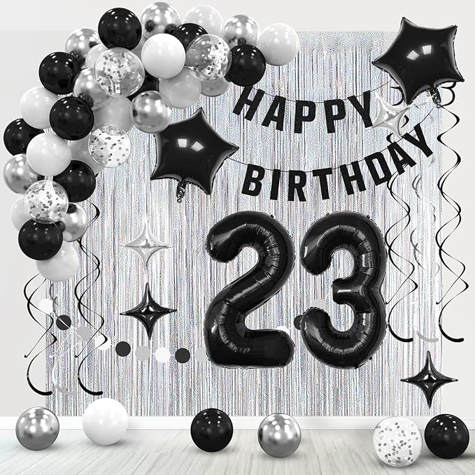 23th Birthday Decorations for Boys Girls, Silvery and Black Happy 23th Birthday Banner,Number 23 Balloons Arch Kit for 23 year old Birthday Party Decorations