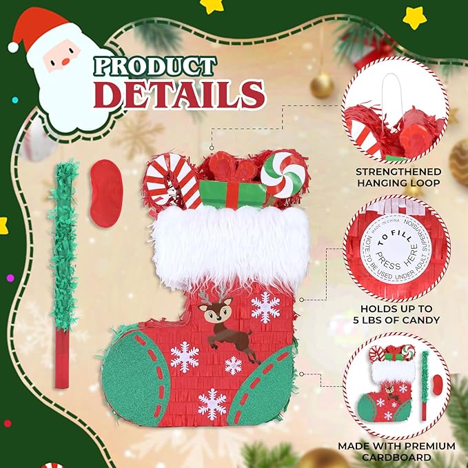 Christmas Socks Pinatas Bundle with a Blindfold and Bat (16.5x12.5x4 Inches), Holiday Theme Piñata, Christmas Party Supplies, Xmas Piñata, Party Decoration