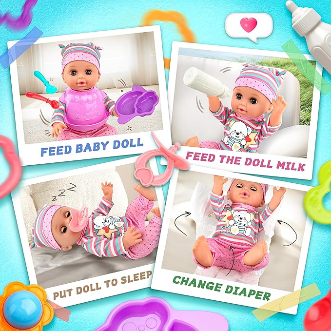 SMILESSKIDDO Baby Doll with Stroller, 14'' Soft Body Dolls with Accessories Includes Foldable Cart, Feeding Playset, Babydoll Pretend Play Toddler Toys Gifts for 1 2 3 4 Year Old