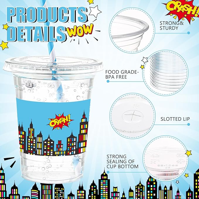 Yungyan 50 Sets Blue Hero Theme Party Plastic Cups with Lids and Straws 16 oz Coffee Juice Drinking Cups for Birthday Baby Shower Party Supplies