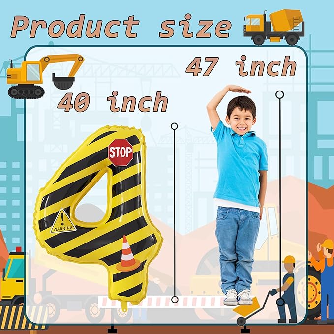40 Inch Giant Construction Theme Number Balloons - Large Number 4 Balloons Yellow and Black Striped for Kids' Construction Birthday Anniversary Party Decorations Supplies Number 2-4 Balloon