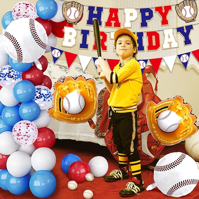 Baseball Birthday Party Decorations, 64 PCS Baseball Party Supplies Kit, Include Backdrop, Happy Birthday Banner, Balloons, Cupcake, Cake Toppers