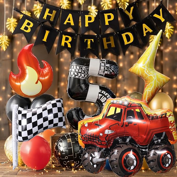 4 Pcs Truck Balloons, Huge Truck Flags Lightning Flame Aluminum Foil Balloons for Birthday, Baby Shower, Race Car Theme Party Decorations Supplies