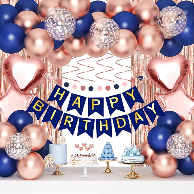 Navy Blue Rose Gold Happy Birthday Decorations Kit, Rose Gold Balloons Birthday Party Supplies for Women Girls Men, Happy Birthday Banner, Circle Dot Garland, Fringe Curtains, Latex Confetti Balloons