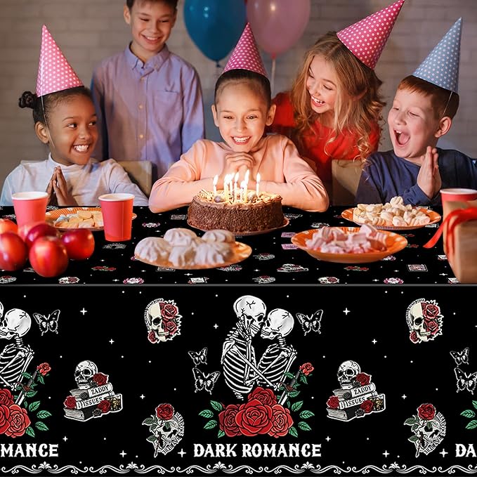 3Pcs Dark Romance Party Tablecloths - Skull Rose Gothic Party Table Cover Decoration Book Lover Theme Rectangular Plastic Disposable Table Cloth Decor for Kid Boy Girl Gothic Birthday Book Lover Event