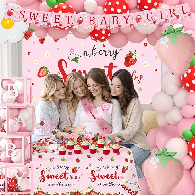 Strawberry Baby Shower Decorations, A Berry Sweet Baby Is On The Way Decorations for Girl, It's a Girl Gender Reveal, Red and Pink Backdrop Balloon Arch Box Tablecloth Cake Topper Party Decor 141pcs