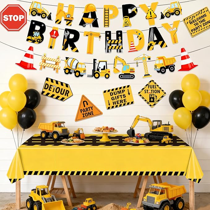 Construction Birthday Banner, Construction Birthday Party Supplies Vehicle Truck Paper Garlands Excavator Birthday Tablecloth for Boys and Girls