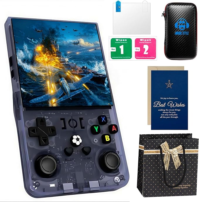 R36Max Retro Handheld Game Console Premium Gift Set (with Star Card & Black Gold Bag),4" IPS Screen,128GB 21000+Games,Portable Handheld Linux System for Adults (Gray*128Gb)
