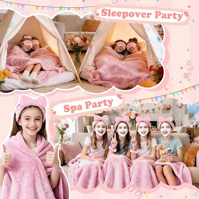 Sleepover Party Supplies for Girls, Spa Slumber Favor with Blanket Headband Eye Mask Hair Scrunchies (Pink 24Pcs)