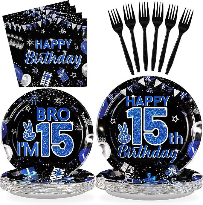 Grencian 96Pcs 15th Birthday Party Decorations for Boys Blue and Black 15th Birthday Plates Disposable Official Teen 15 Tableware for Teen Boy I’m 15 Bro 15 Years Old Halloween Party Serves 24
