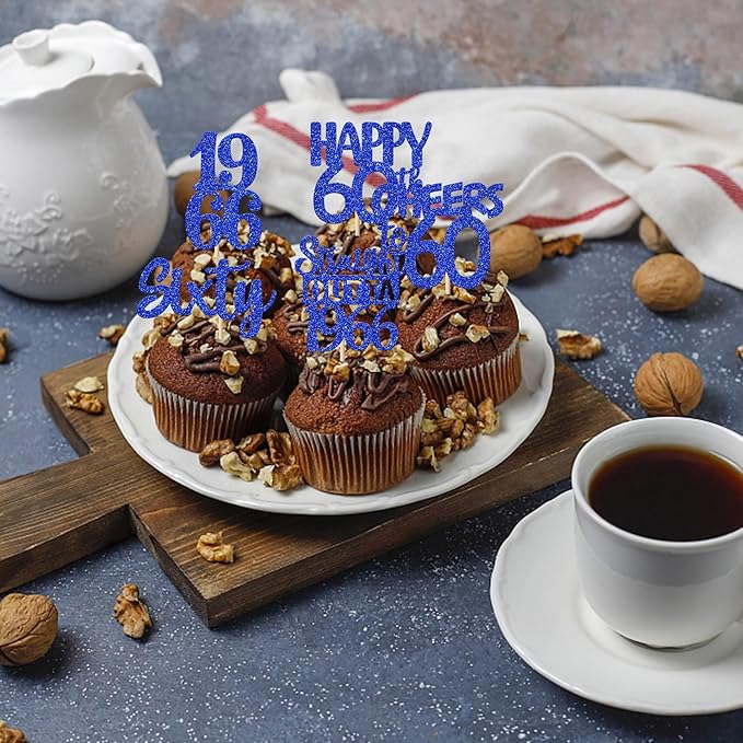 30 PCS 60th Birthday Cupcake Toppers Glitter Sixty Happy 60 Straight Outta 1966 Cupcake Picks for Cheers to 60 Fabulous 60th Birthday Anniversary Party Cake Decorations Supplier Blue
