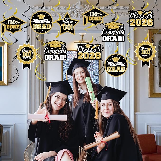 2026 Graduation Party Decorations - 30 Pcs Black Gold Class of 2026 Congrats Grad Hanging Swirl Ceiling Decor for Home School Classroom Graduation Party Supplies