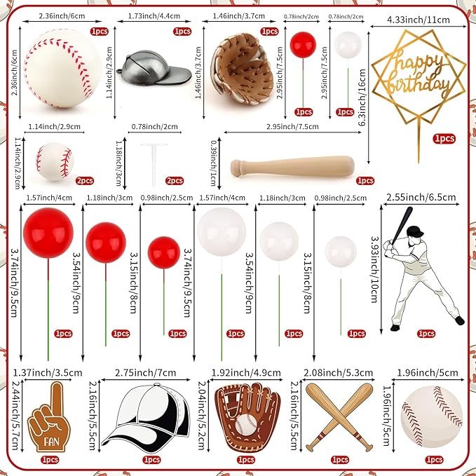 Hooqict 23Pcs Baseball Cake Decorations Set with Mini Baseballs, Player, Caps, Gloves, Bats, Happy Birthday Cake Toppers & Cupcake Toppers for Sports Theme Birthday Party Decor Supplies