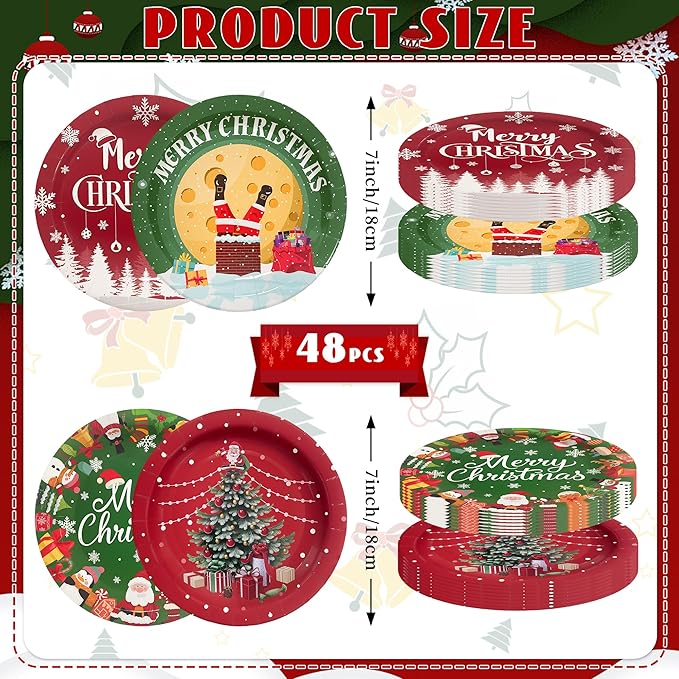 48Pcs Christmas Paper Plates, 7" Christmas Plates Disposable Party Plates Tableware Set for Xmas Holiday Party Supplies