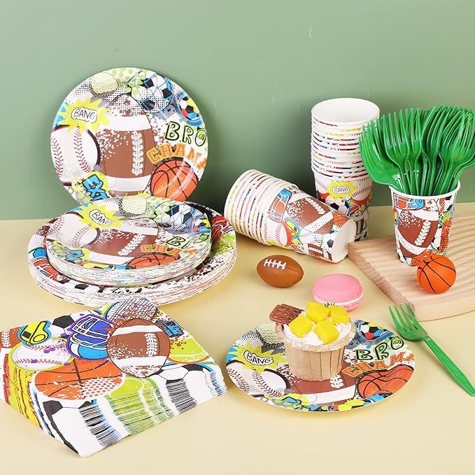 durony 144 Pieces Sports Themed Paper Plates and Napkins Dinnerware Set Sports Birthday Party Tableware Paper Plates Napkins Forks Serve 24 for Rugby Baseball Basketball Soccer Party Supplies