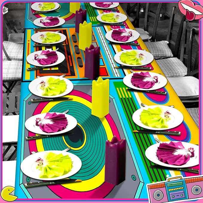 Oudain 6 FT 80s 90s Theme Tablecloth 80s Birthday Party Supplies Hip Hop Party Decoration Vintage Boom Box Tablecloth 72 x 30'' Retro Radio Table Cover Washable Fabric Polyester Rectangle Table Cover