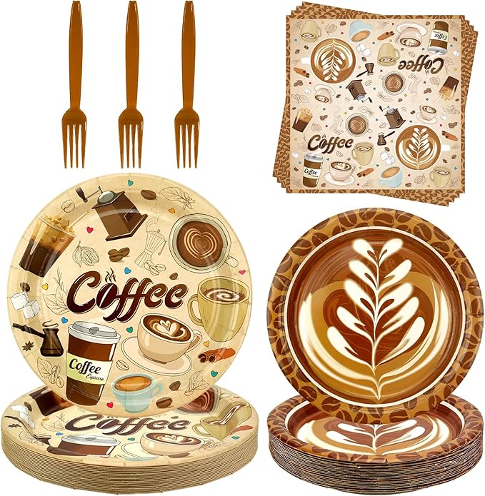 Coffee Party Supplies - Coffee Party Tableware - Dinner Plates, Dessert Plates, Napkins, Forks for Coffee Birthday Party Decorations, Baby Shower Supplies, Serves 25