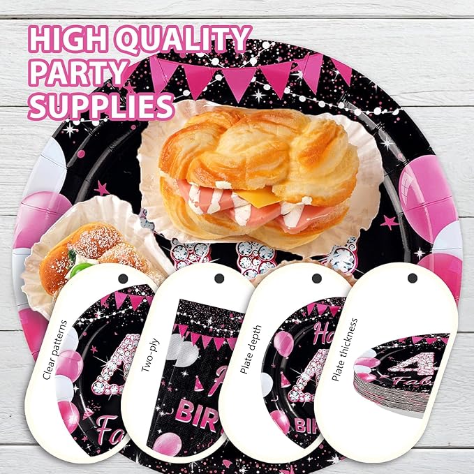 96Pcs 40th Birthday Party Supplies Black and Hot Pink Plates Forks and Napkins Diamond Sweet Theme Disposable Paper Tableware Set for Women 40 Year Old Birthday Party Supplies Serves 24
