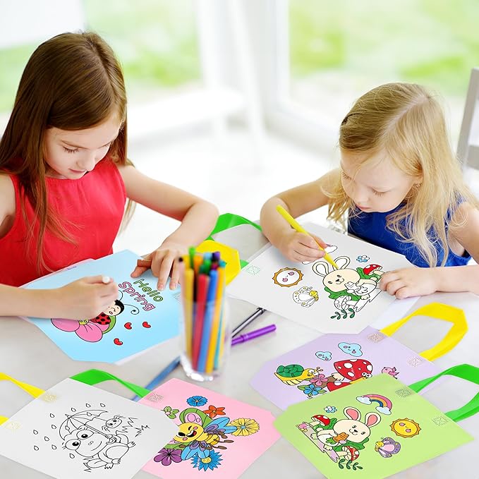 Hello Spring Coloring Goodie Bags for Kids - 24Pcs Welcome Spring Bulk Color Your Own Gift Bags with Handle SpringTime Reusable Coloring Bag Non Woven Tote Bag for DIY Crafts Painting Party Favor Supplies
