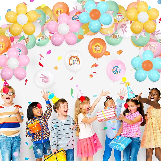 Hiboom 72 Pcs Groovy Retro Hippie Balloons Boho Peace Party Decor 12 Inch Rainbow Daisy Flower Butterfly Peace Sign Latex Balloons for Kids Girls Two Groovy Birthday Party Decoration Supply(Fresh)