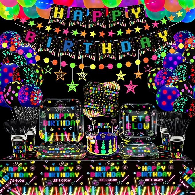 241 PCS Glow Neon Party Supplies Neon Glow Tableware Set Neon Balloon Glow in the Dark Birthday Banner Hanging Star Cake Toppers for Blacklight Party Decoration Serves 20 (Glow Set A)
