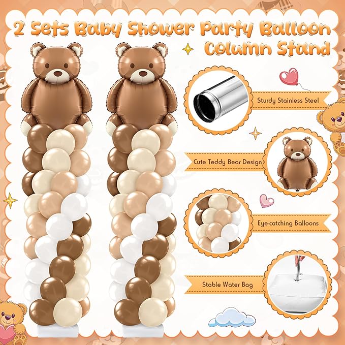 Kasyat 2 Set Bear Balloon Column Stand Kit Bearly Baby Shower Balloon Arch Kit, Bear Baby Shower Decorations with Brown Beige Nude Tan Balloons for Boho Neutral Gender Reveal Birthday Party