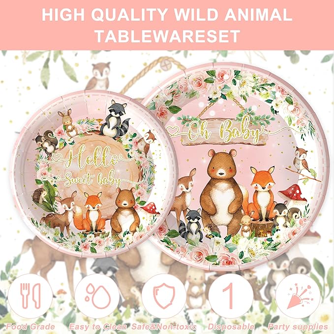 120PCS Woodland Party Supplies for Girls Baby Shower Pink Wild Animal Decorations Plates Napkin Cups Forks Knives Tableware Set for 20 Guests