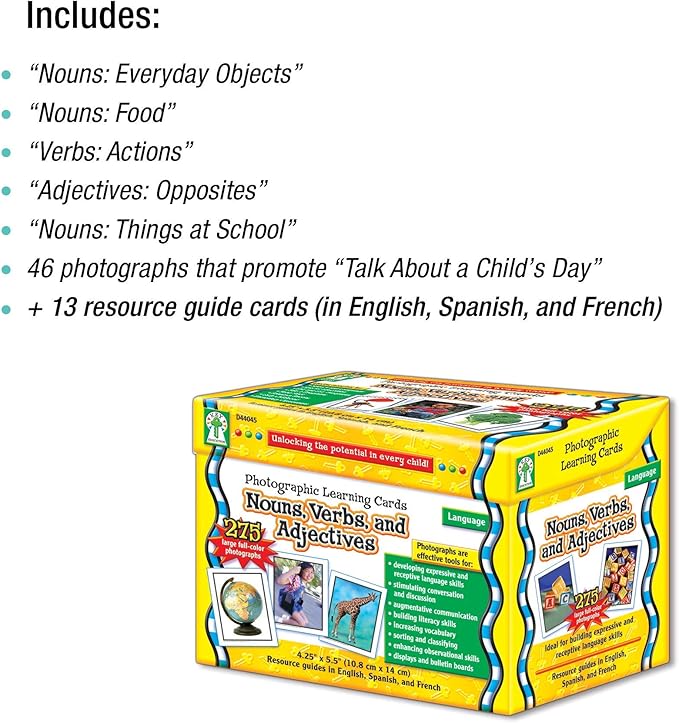 Key Education Nouns, Verbs, and Adjectives Photographic Learning Cards, 275 Vocabulary Flash Cards, Parts of Speech Picture Games, Learning Resources for Preschool, ESL, and Special Needs