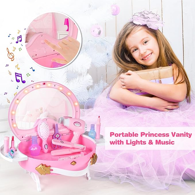 Toddler Vanity - Kids Pretend Play Princess Vanity Set with Mirror & Makeup Accessories, Lights and Music, Princess Vanity for Little Girls, Toddler Girl Toys