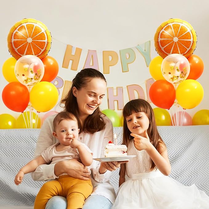 Little Cutie Balloon Stand for Table Centerpiece 2 Sets, 2 Huge Orange Fruit and 14 Orange Yellow Gold Confetti Balloons for Tangerine Theme Birthday Party Baby Shower Decorations