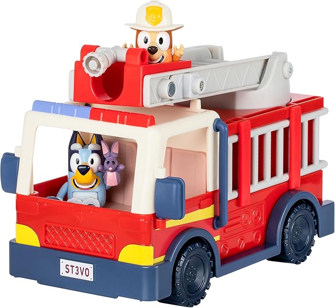Bluey Firetruck Toy Playset with Firefighter Bingo, Bluey & Bob Bilby, Toddler Fire Truck w/ Spinning Ladder, Water Hoses for Kids Ages 3+
