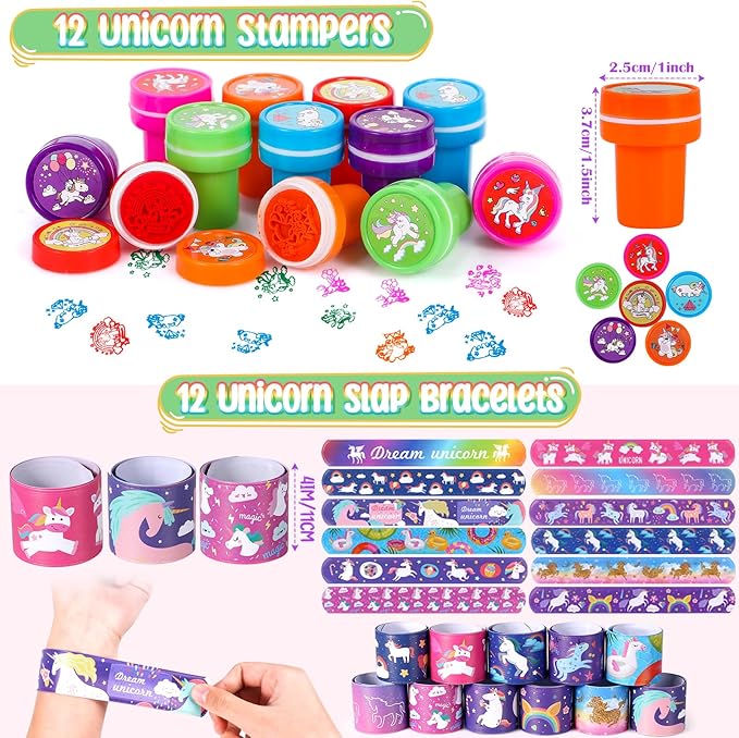 Winrayk 146Pcs Unicorn Party Favors Birthday Supplies Girls, Headband Bag Bracelet Stamper Keychain Slap Bracelet Tattoo Sticker Ring, Goodie Stuffer Pinata Filler Rainbow Unicorn Party Supplies Decor