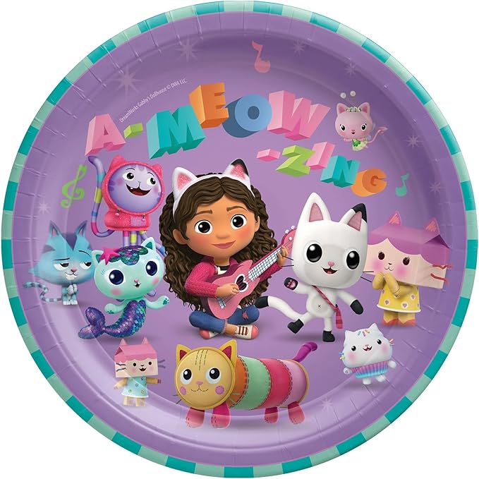 Gabbys Dollhouse Birthday Party Supplies Bundle includes 24 Lunch Paper Plates, 32 Paper Napkins, 2 Plastic Table Cover, 1 Dinosaur Sticker Sheet