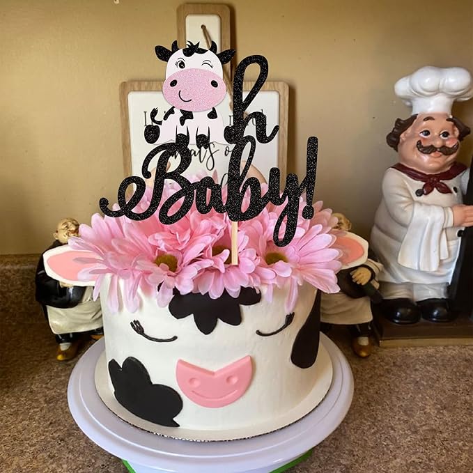 1 PCS Cow Oh Baby Cake Topper Glitter Farm Animals Cake Pick for Gender Reveal Theme Baby Shower Kids Birthday Party Decorations Supplies