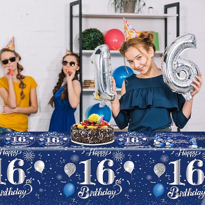 41PCS 16th Birthday Decorations for Boys Navy Blue Silver 16 Years Old Birthday Decorations Sweet 16 Plates Napkins Tablecloth for Boys Girls 16th Birthday Party Supplies