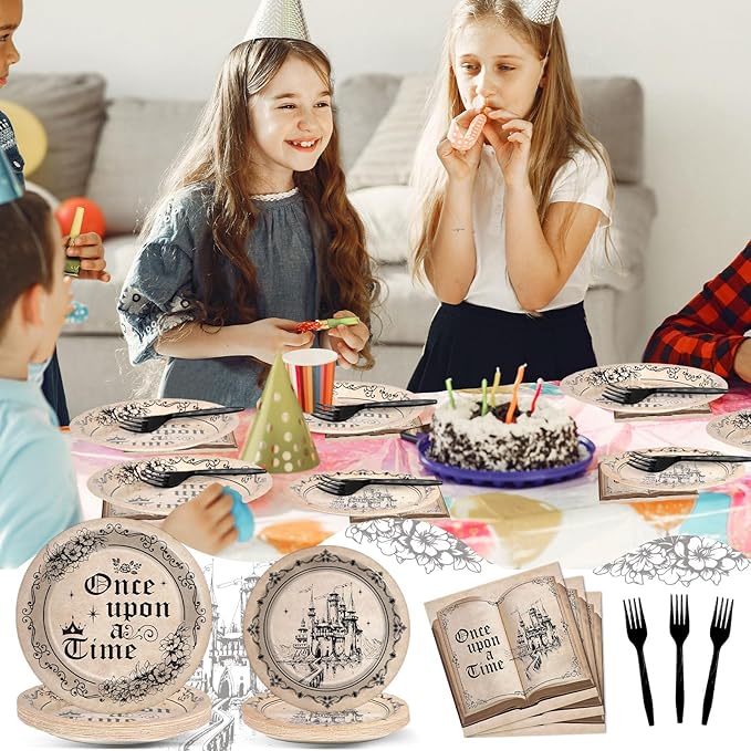 Fairytale Plates and Napkins Once Upon a Time Tableware Set Girl Princess Plates Old Opening Book Dinnerware Floral Castle Plate for Birthday Party Wedding Baby Shower Decoration Supplies Serve 24