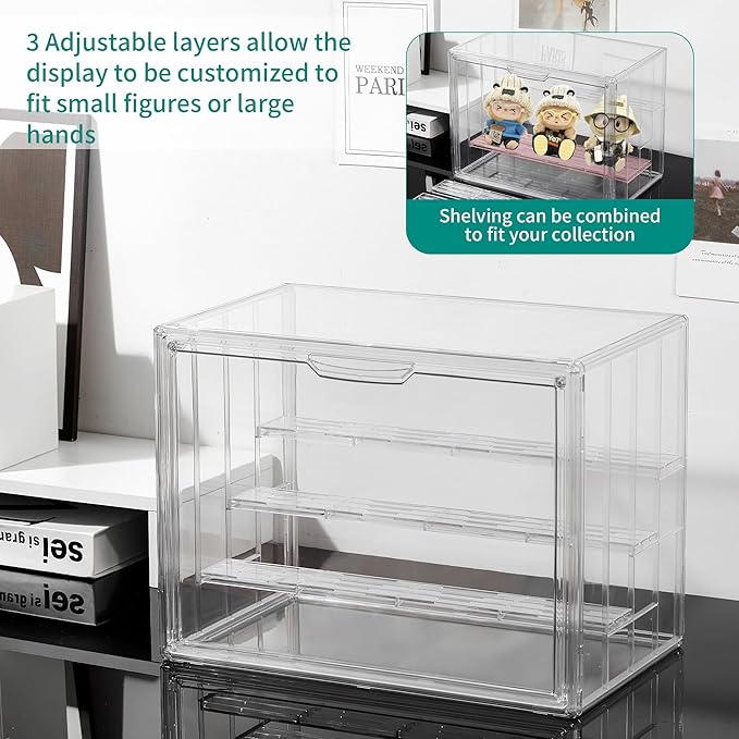 Attelite Acrylic Display Case,Upgrade 4 Tiers Clear Display Case with 3 Adjustable divider, Stackable Large Storage Box with Magnetic Door for Collectibles Action Figures