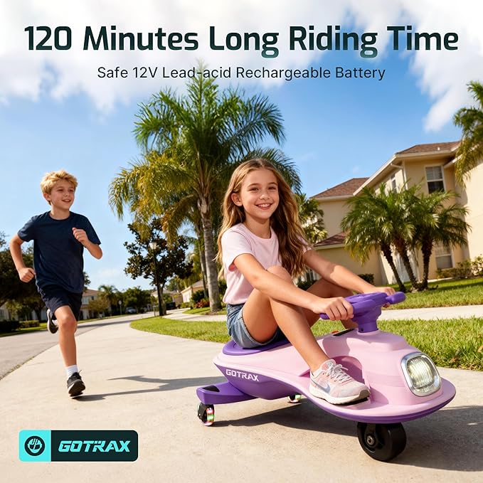 Gotrax WG1 Electric Wiggle Car for Kids, 12V Big Battery up to 120Min Playtime, Music Speaker &Rear Flash Wheels, Battery Display & Easy Assembly w/Pedal Throttle, Crazy Cart Gift for Ages 3+, 132Lbs